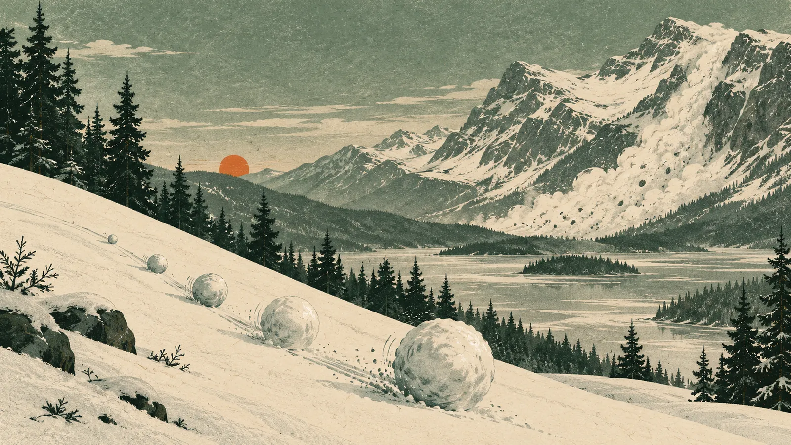 Illustration of a growing snowball and a distant avalanche slope