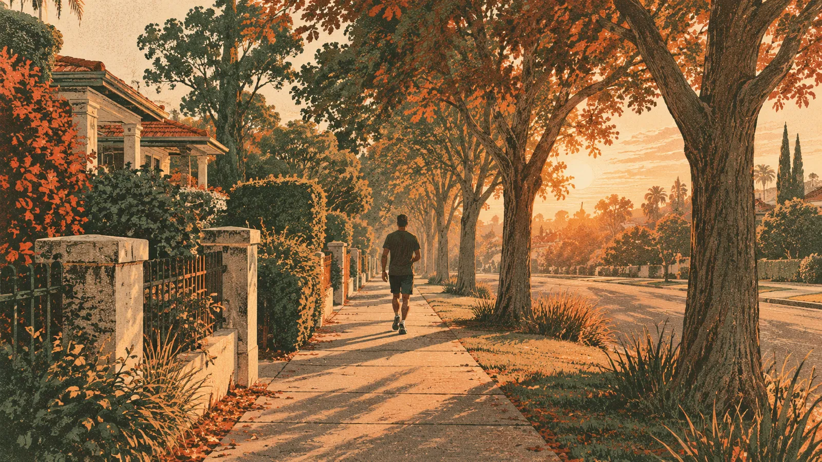 Illustration of a person walking along a tree-lined footpath in morning light