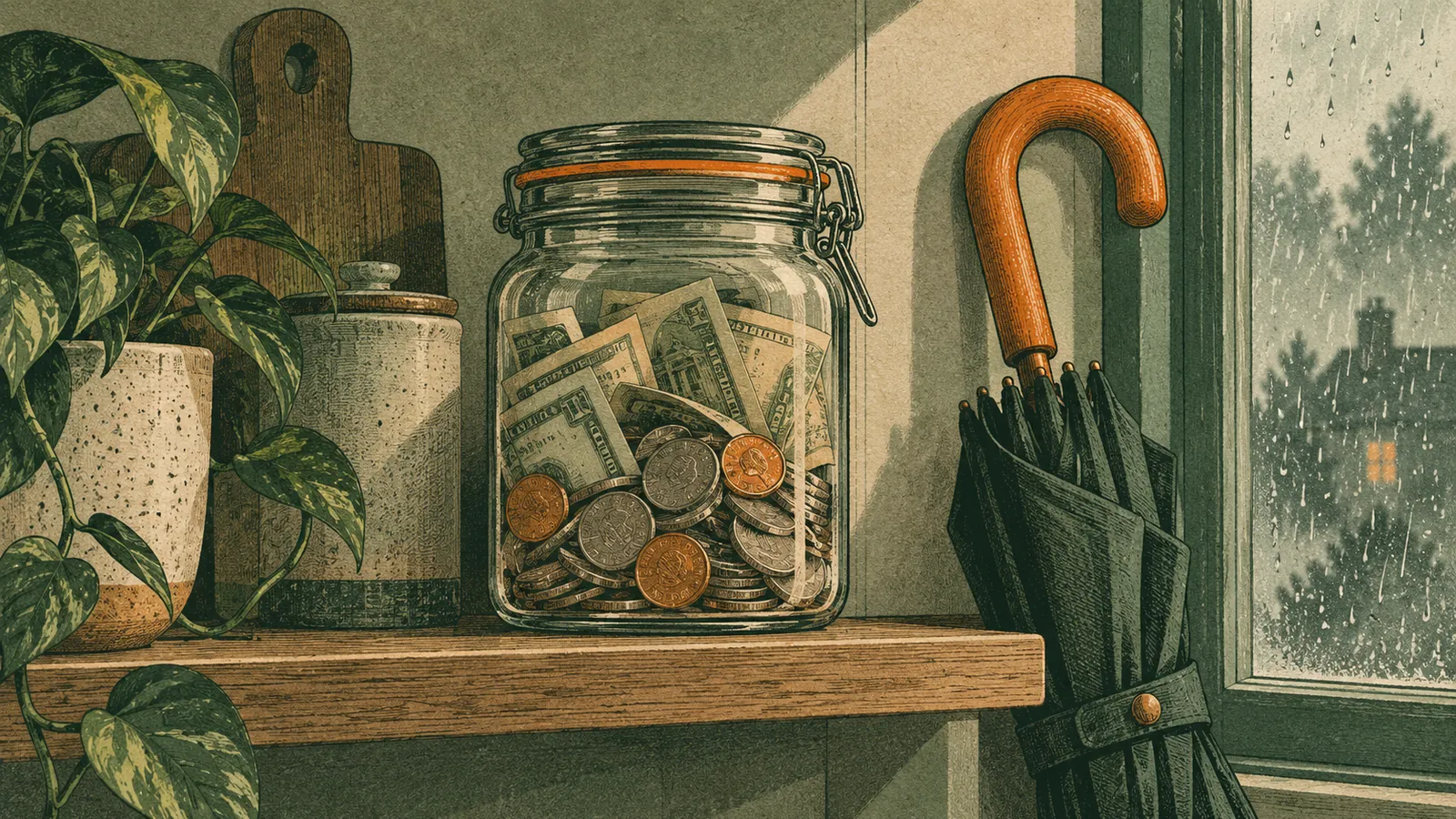 Illustration of a savings jar beside an umbrella on a kitchen shelf