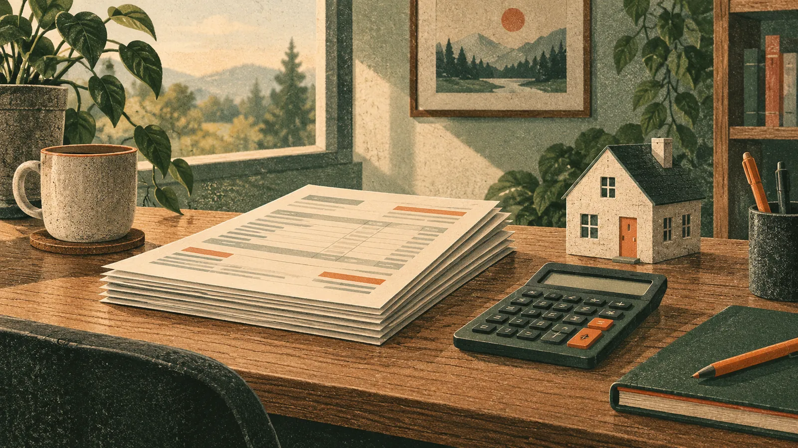 Illustration of payslips, a calculator and a small model house on a desk