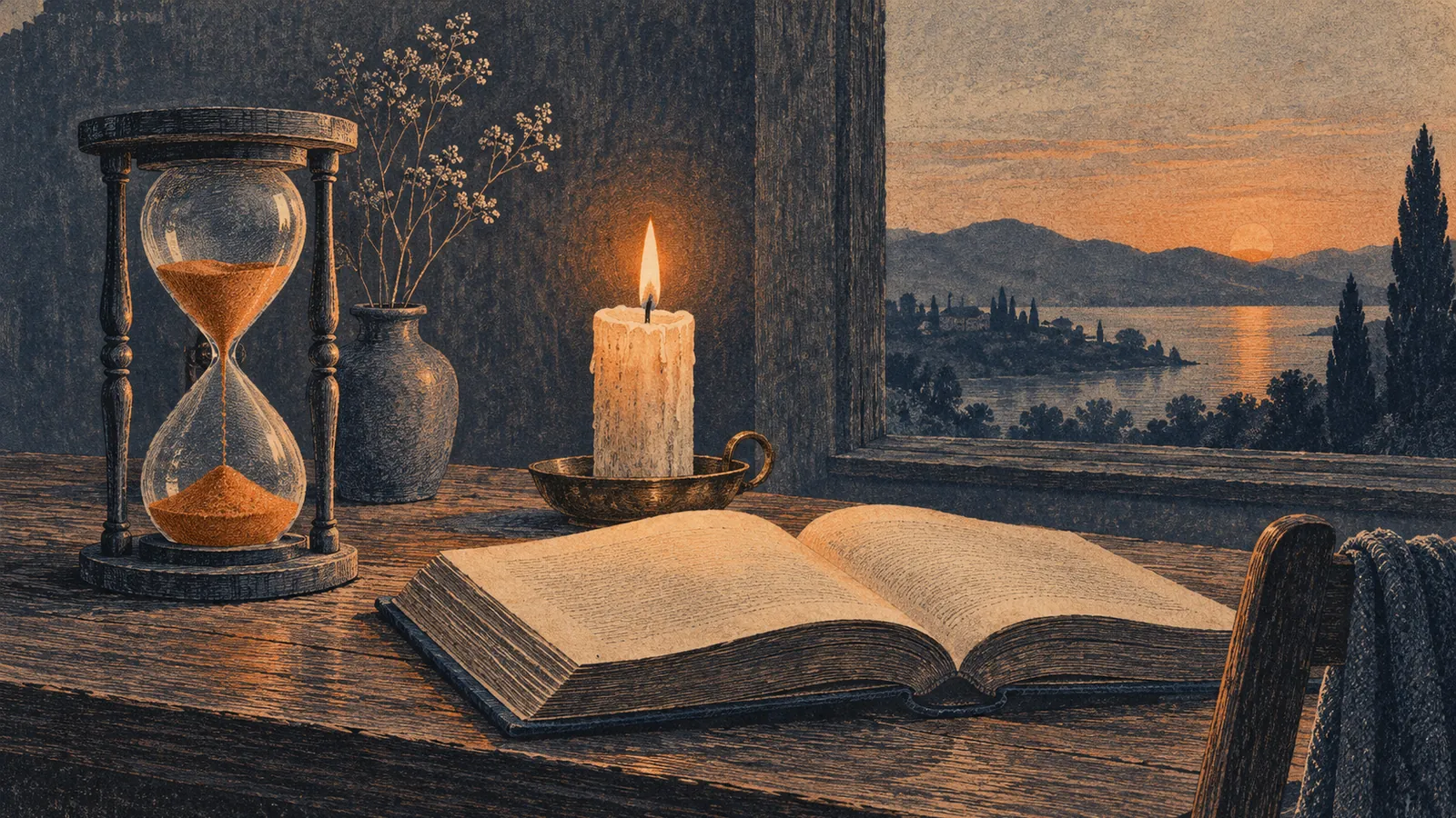 Illustration of an hourglass, a candle and an open book on a desk