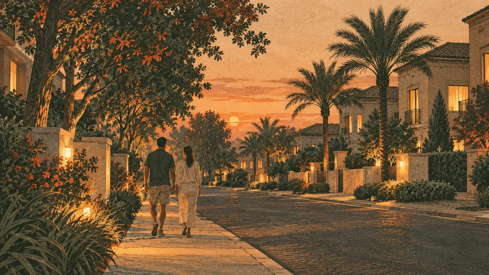 Illustration of two people on a relaxed after-dinner walk down a quiet street