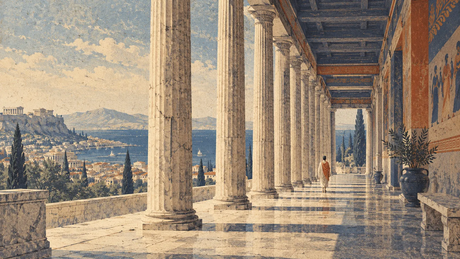 Illustration of an ancient stone colonnade with a lone figure walking